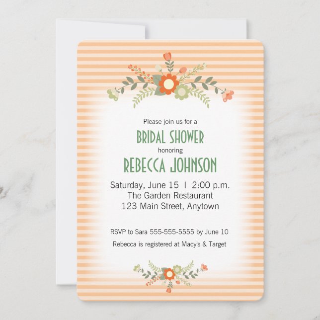 Invitación Peach & Green Flowers Bridal Shower (Anverso)
