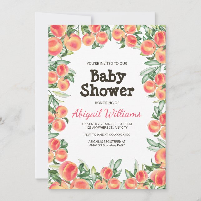 Invitación Peach Greenery Lush Spring Fruit Baby Shower (Anverso)