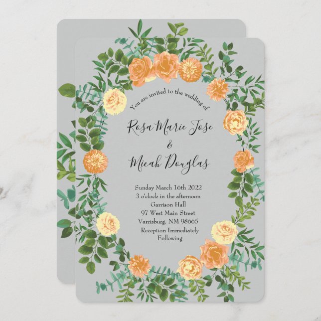 Invitación Peach & Grey Peony y Rosa Boda Floral (Anverso / Reverso)