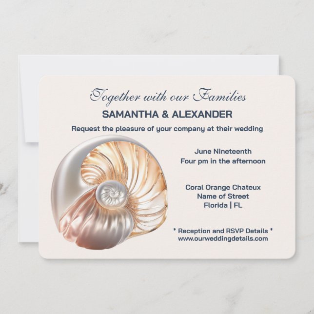 Invitación Peach Ivory Conch Shell Elegant Wedding  (Anverso)