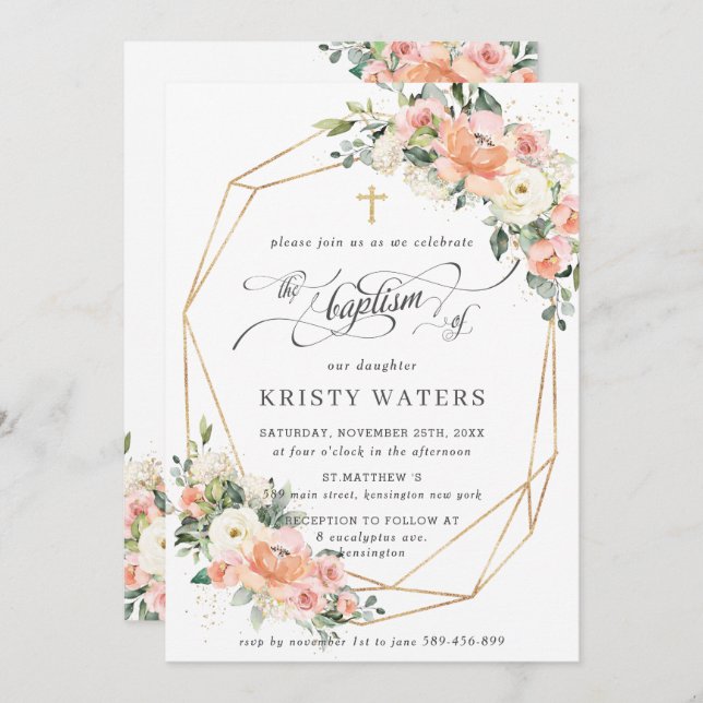 Invitación Peach Ivory Pink Floral Greenereneration Baptism G (Anverso / Reverso)