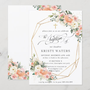 Invitación Peach Ivory Pink Floral Greenereneration Baptism G