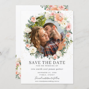 Invitación Peach Ivory Pink Floral Photo Save the Date Card