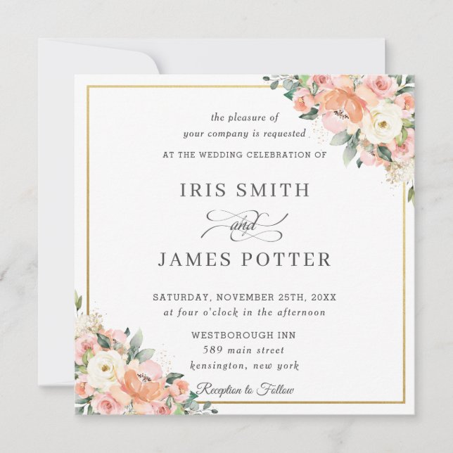 Invitación Peach Ivory Rubor Floral Gold Square (Anverso)