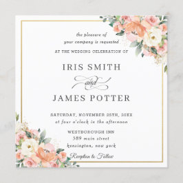 Invitación Peach Ivory Rubor Floral Gold Square