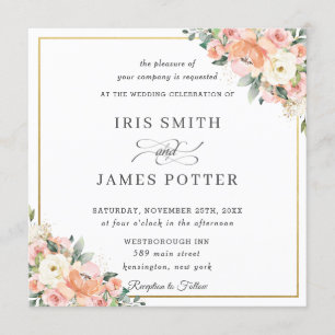 Invitación Peach Ivory Rubor Floral Gold Square