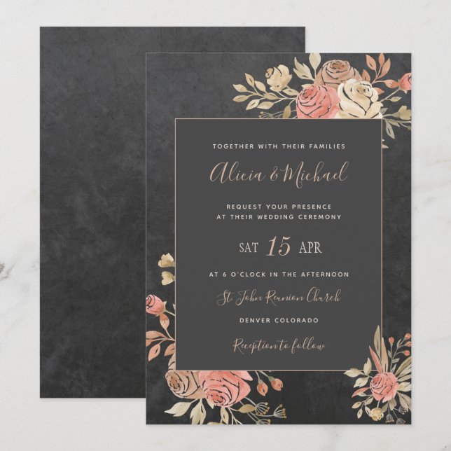 Invitación Peach Ivory Rubor Moody Floral Boda gris oscuro (Anverso / Reverso)