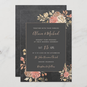 Invitación Peach Ivory Rubor Moody Floral Boda gris oscuro