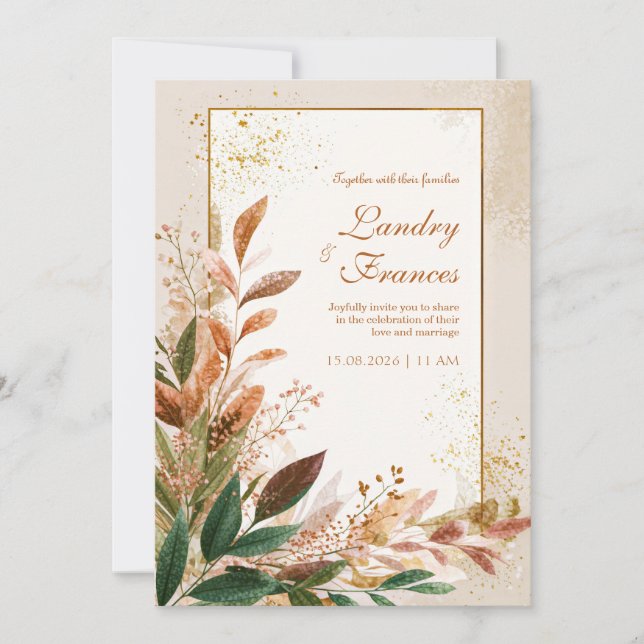 Invitación Peach Leaf Gold Stardust Wedding (Anverso)