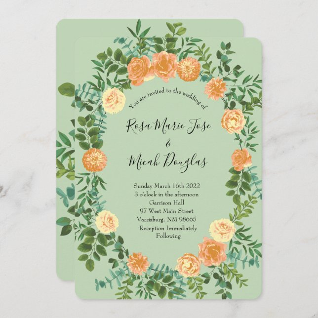 Invitación Peach & Light Green Peony y Rosa Boda Floral (Anverso / Reverso)