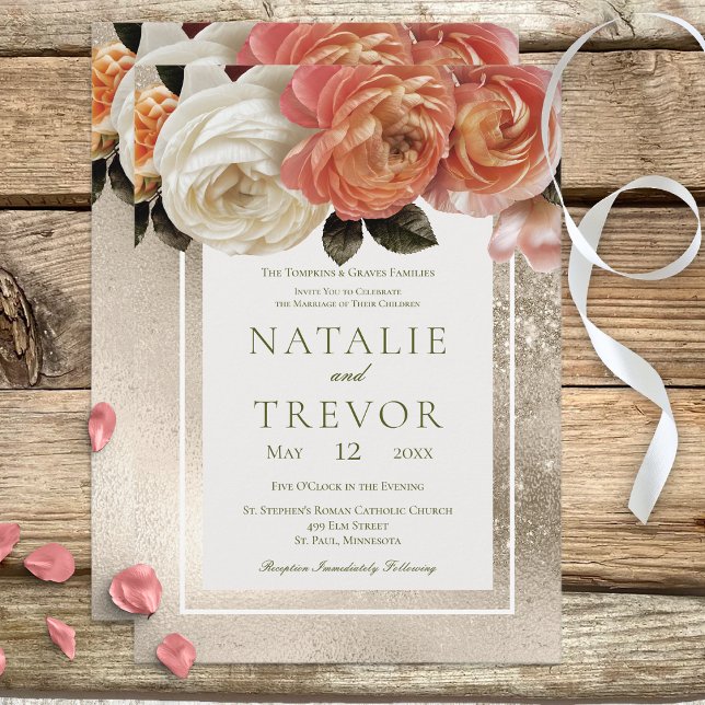 Invitación Peach Mimosa Blooms Gold Floral Boda (Subido por el creador)