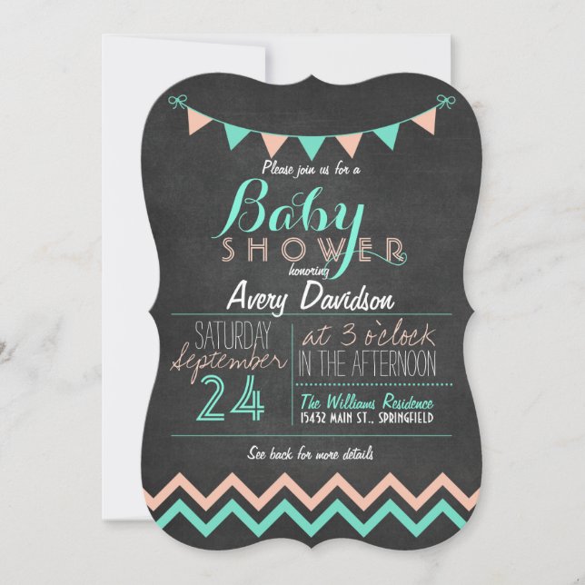 Invitación Peach & Mint Bunting Flag Chalkboard Baby Shower (Anverso)