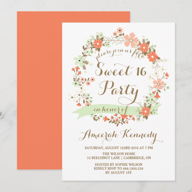 Invitación Peach & Mint Floral Wreath Sweet 16 Invite (Anverso / Reverso)