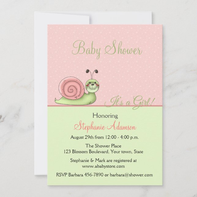 Invitación Peach, Mint Green, Cul Snail, Baby Girl Shower (Anverso)