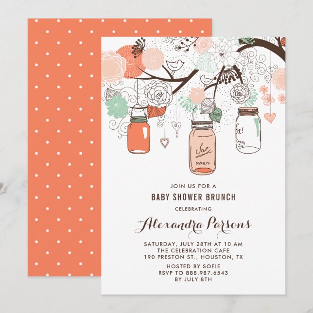 Invitación Peach & Mint Mason Jars Floral Baby Shower Brunch (Anverso / Reverso)