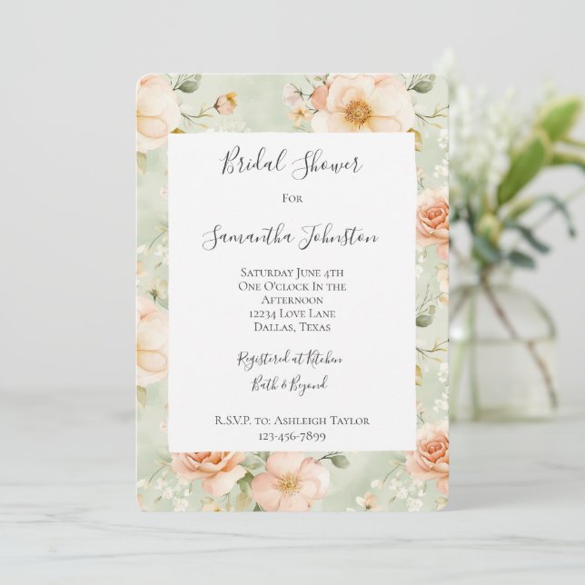 Invitación Peach Mint Pretty Rose Floral Bridal Shower (Anverso de pie)