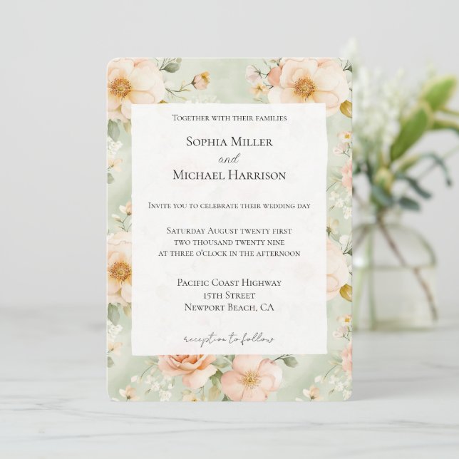 Invitación Peach Mint Pretty Rose Floral Wedding (Anverso de pie)