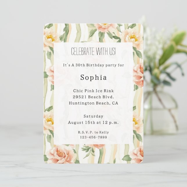 Invitación Peach Mint Roses Floral Stripes Birthday (Anverso de pie)