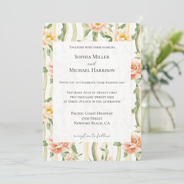 Invitación Peach Mint Roses Floral Stripes Wedding (Anverso de pie)