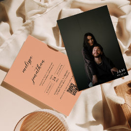 Invitación Peach Modern Photo Script Monograma Boda de código