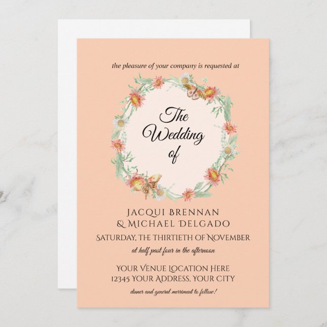 Invitación Peach n Mint Butterfly Floral Wreath Boda (Anverso / Reverso)