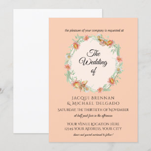 Invitación Peach n Mint Butterfly Floral Wreath Boda