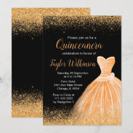 Invitación Peach Naranja Vestido Faux Purpurina Quinceanera