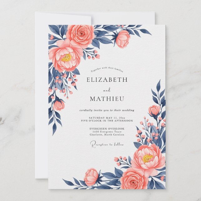 Invitación Peach Navy Exquisite Floral Wedding (Anverso)