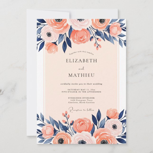 Invitación Peach Navy Illustrative Spring Wedding (Anverso)
