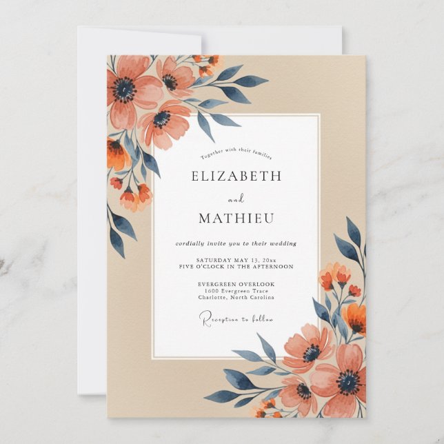 Invitación Peach Navy Refined Autumn Wedding (Anverso)