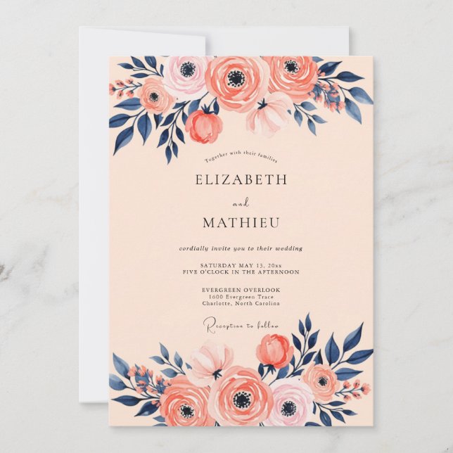 Invitación Peach Navy Romantic Spring Wedding (Anverso)