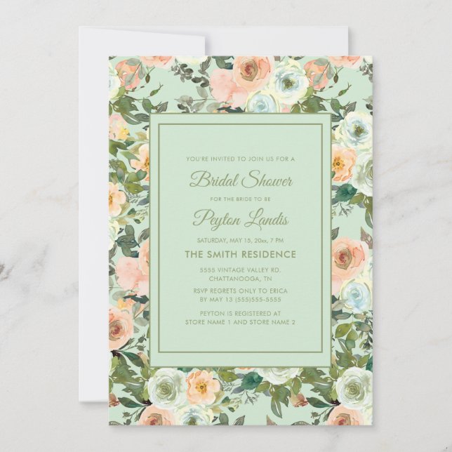 Invitación Peach Neo Mint Dusty Blue Floral Bridal Shower (Anverso)