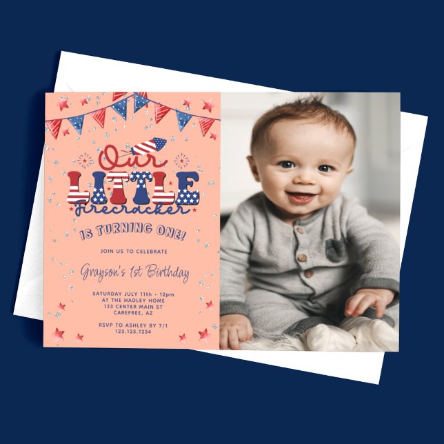 Invitación Peach Our Little Firecracker 1er cumpleaños Photo (Subido por el creador)