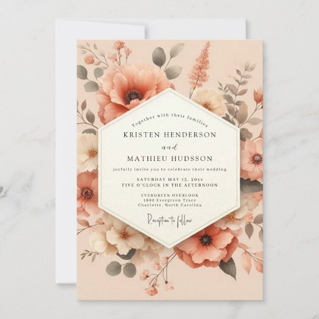 Invitación Peach Painterly Poppy Wedding (Anverso)