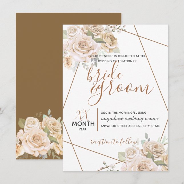 Invitación Peach pálido y Floral marrón en Boda Rústico marró (Anverso / Reverso)