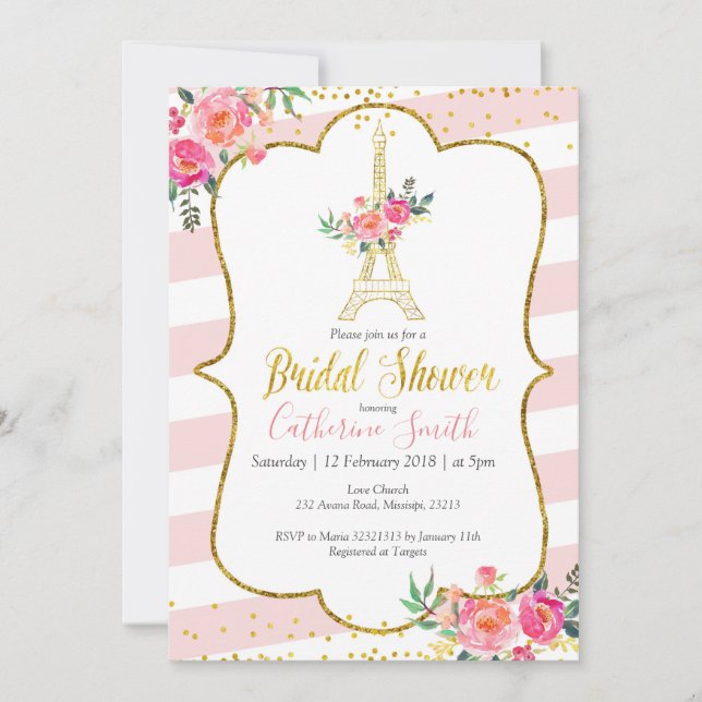 Invitación Peach Paris Floral Romantic Bridal Shower (Anverso)
