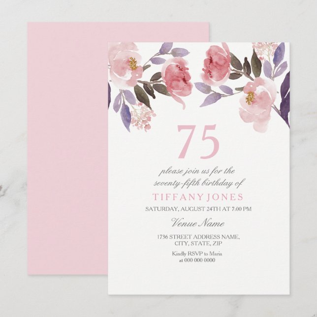 Invitación Peach Peach Floral acuática 75th Birthday Invite (Anverso / Reverso)