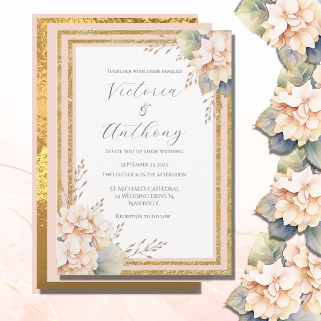 Invitación Peach Peach Floral Hydrangea Gold Boda moderno (Subido por el creador)