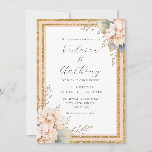 Invitación Peach Peach Floral Peony Gold Moderno Boda (Anverso)