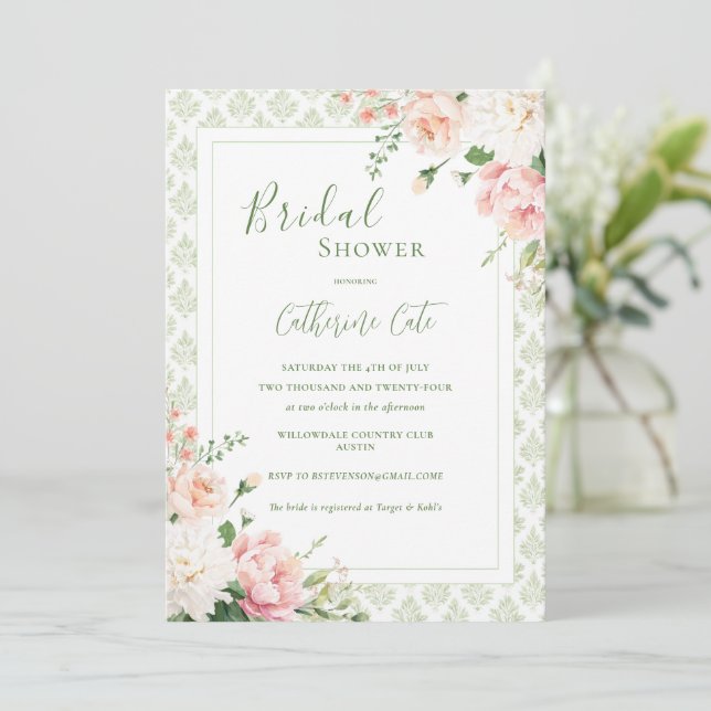 Invitación Peach Peach Pastel Floral Elegante Ducha Bridal (Anverso de pie)