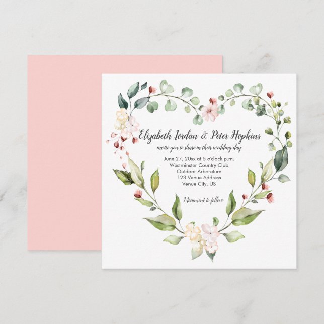 Invitación Peach Peach Peach White Green Floral Heart Wreath  (Anverso / Reverso)