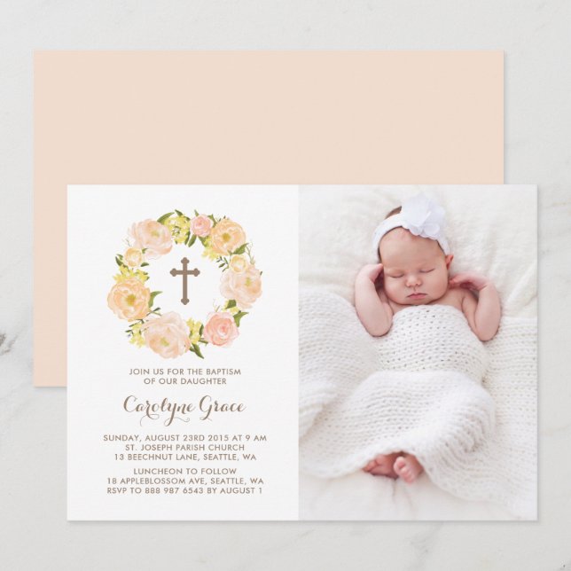 Invitación Peach Peach Peony Wreath Photo Baptism (Anverso / Reverso)