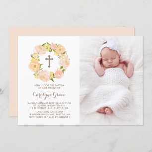 Invitación Peach Peach Peony Wreath Photo Baptism