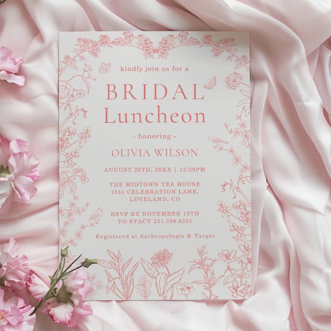 Invitación Peach Peach Pink Garden Chinoiserie Bridal Luncheo (Whimsical butterflies & Birds Peach Pink Garden Chinoiserie Bridal Luncheon Invitation)