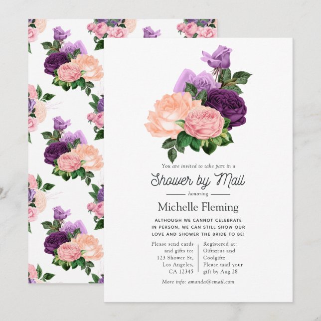 Invitación Peach Peach Pink & Lavender Purple Floral Shower b (Anverso / Reverso)