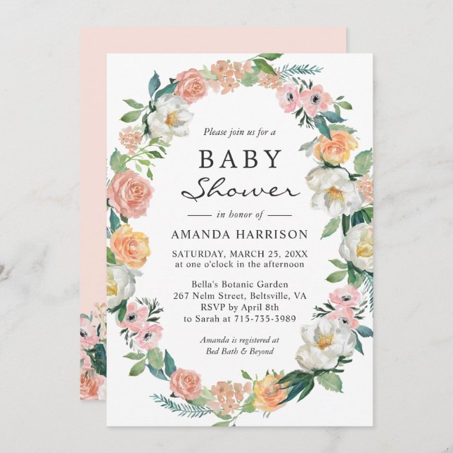 Invitación Peach Peach Pink White Garden Floral Wreath Baby S (Anverso / Reverso)