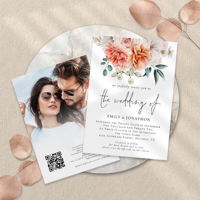 Invitación Peach Peonies Florals Foto Boda QR (Front and back view)