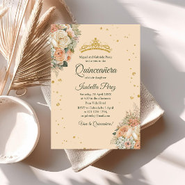 Invitación Peach Peonies y la Purpurina Tiara Quinceanera