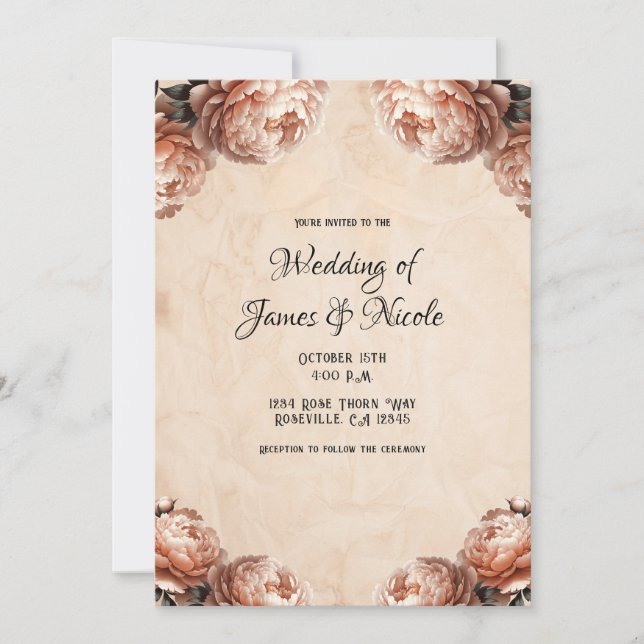 Invitación Peach Peony Flowers Vinage Rustic Boda (Anverso)