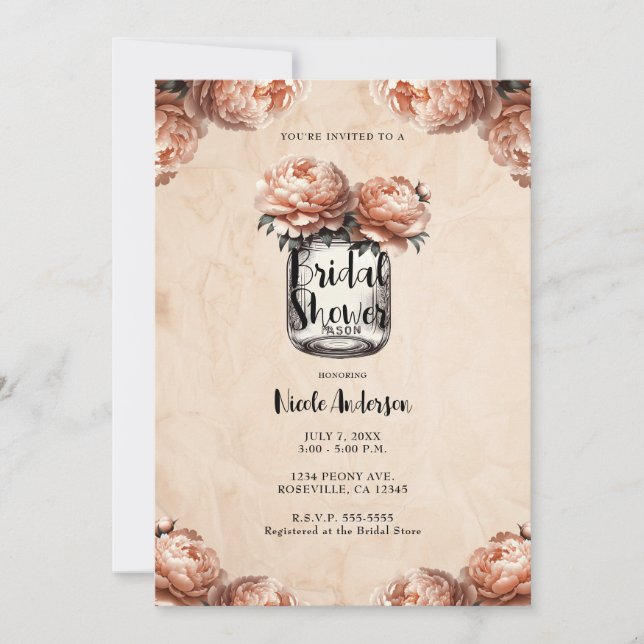 Invitación Peach Peony Mason Jar Rustic Bridal Shower (Anverso)